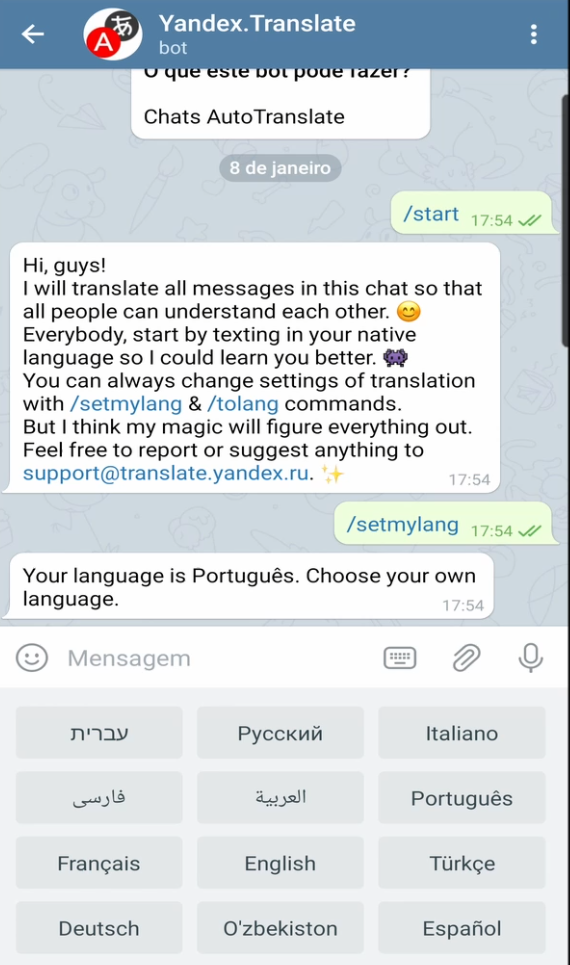 bot yandex escolher idioma telegram